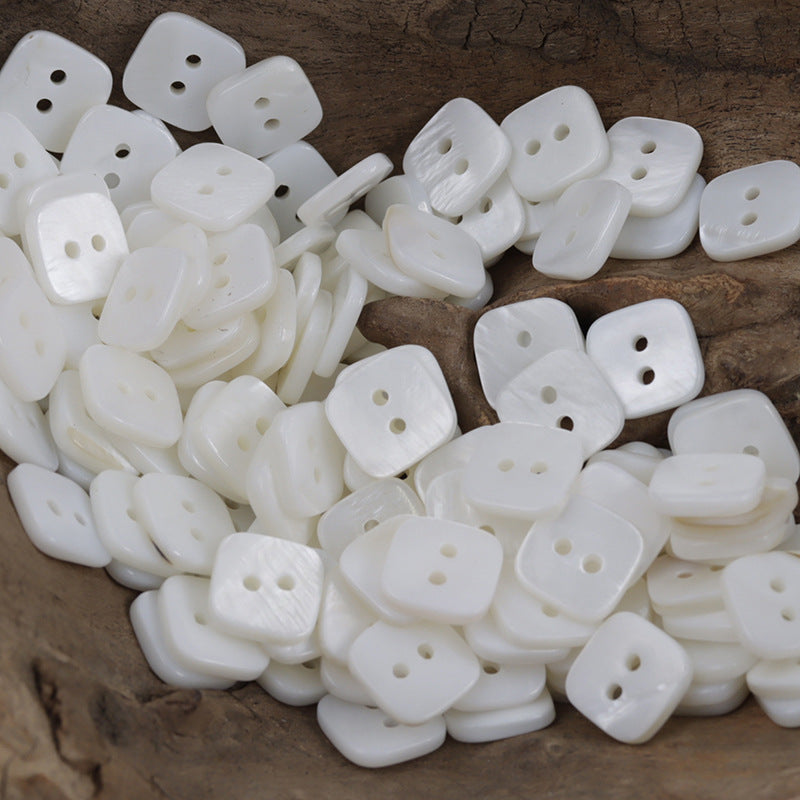 Assorted square 2-hole pearl shell buttons, white, rounded-corner square shape