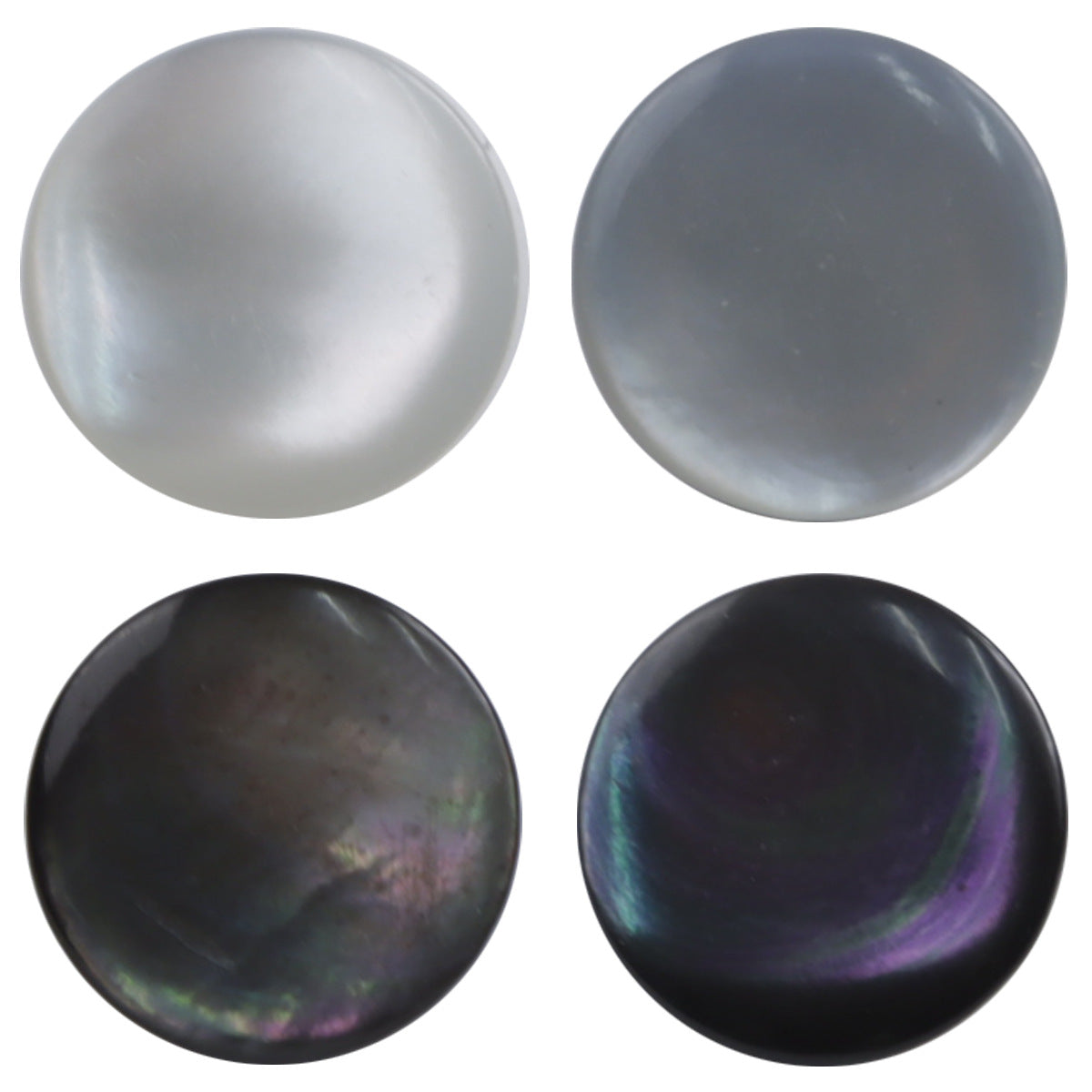 11.5mm natural shell shirt buttons: white, gray-blue, dark, iridescent