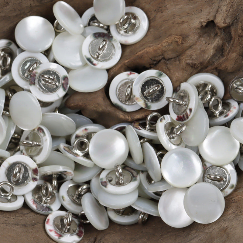 White natural shell shirt buttons, 11.5mm, round faces with silver metal shanks