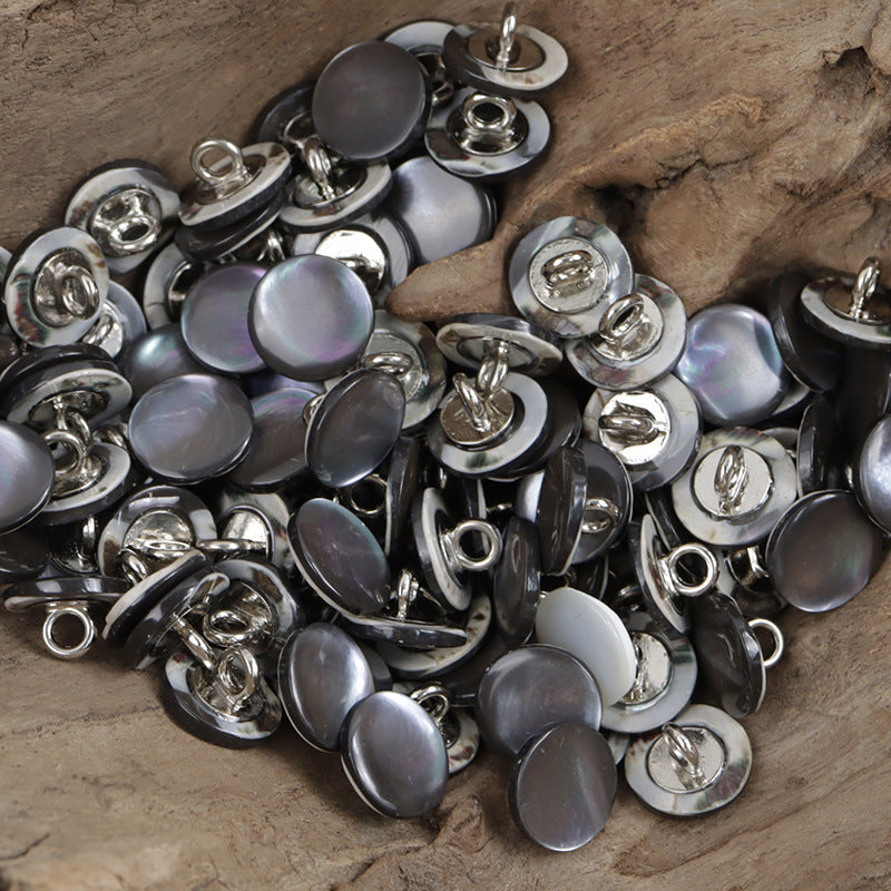 Dark natural shell shirt buttons, 11.5mm, round faces with silver metal shanks