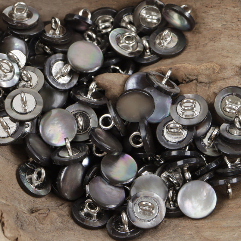 Iridescent dark natural shell shirt buttons, 11.5mm, round faces with silver shanks