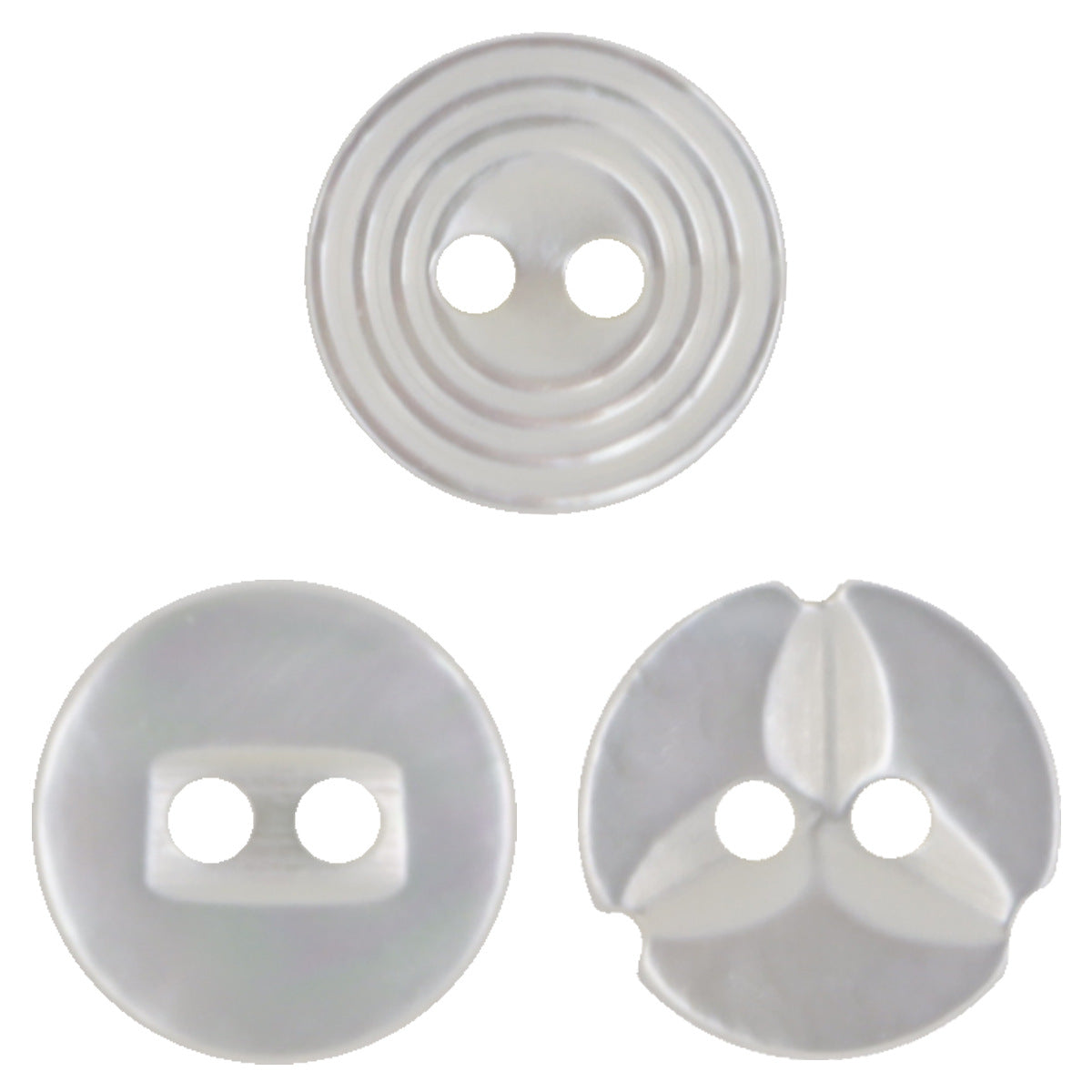 Natural white maple leaf spiral two-hole shell button, front close-up