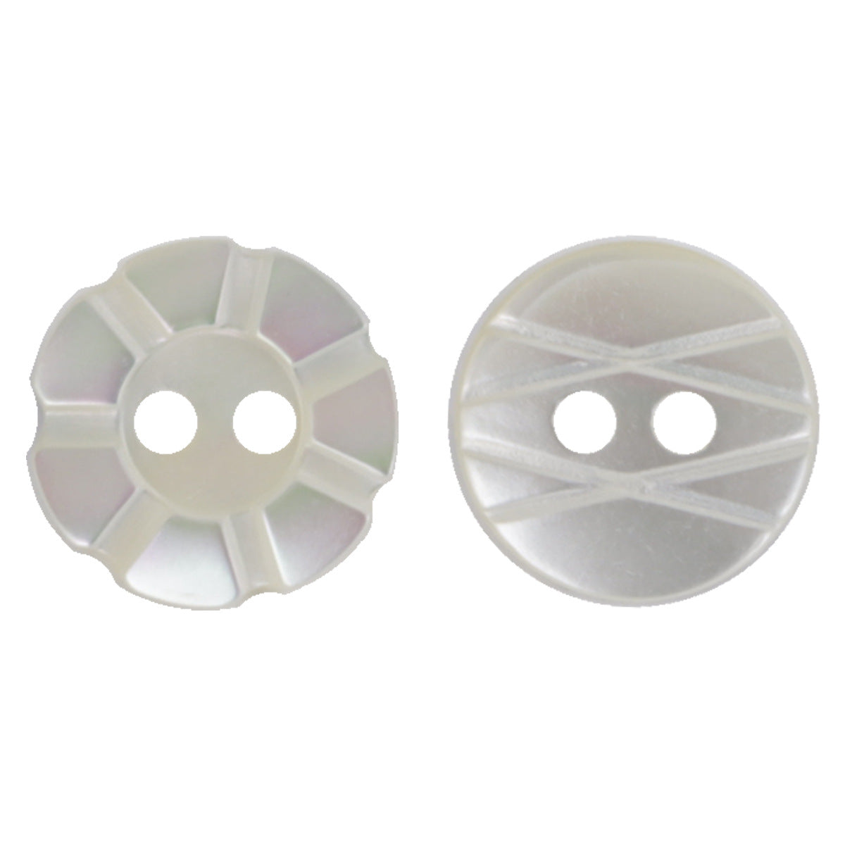 Laser-engraved natural off-white shell buttons, two-hole; front and back views