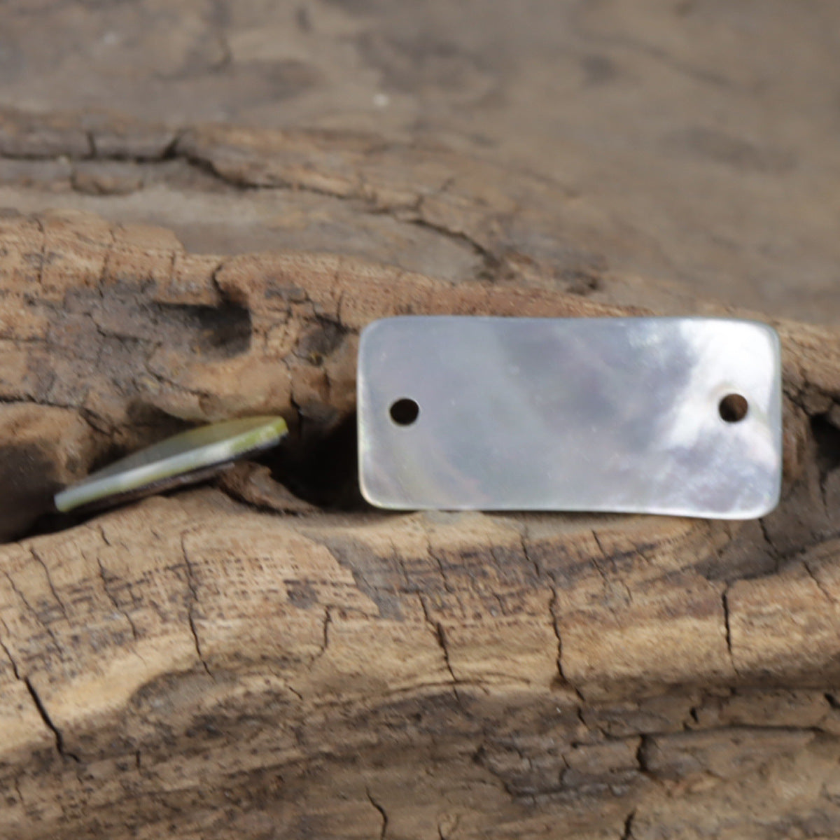 Rectangular mother-of-pearl shell button with two visible holes; pale iridescent finish