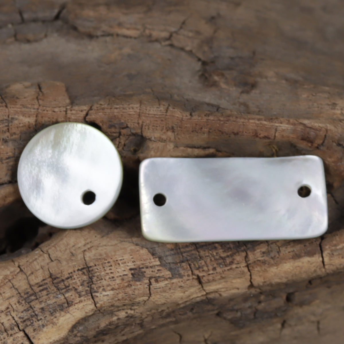 White mother-of-pearl shell button, single hole, plus rectangular two-hole button