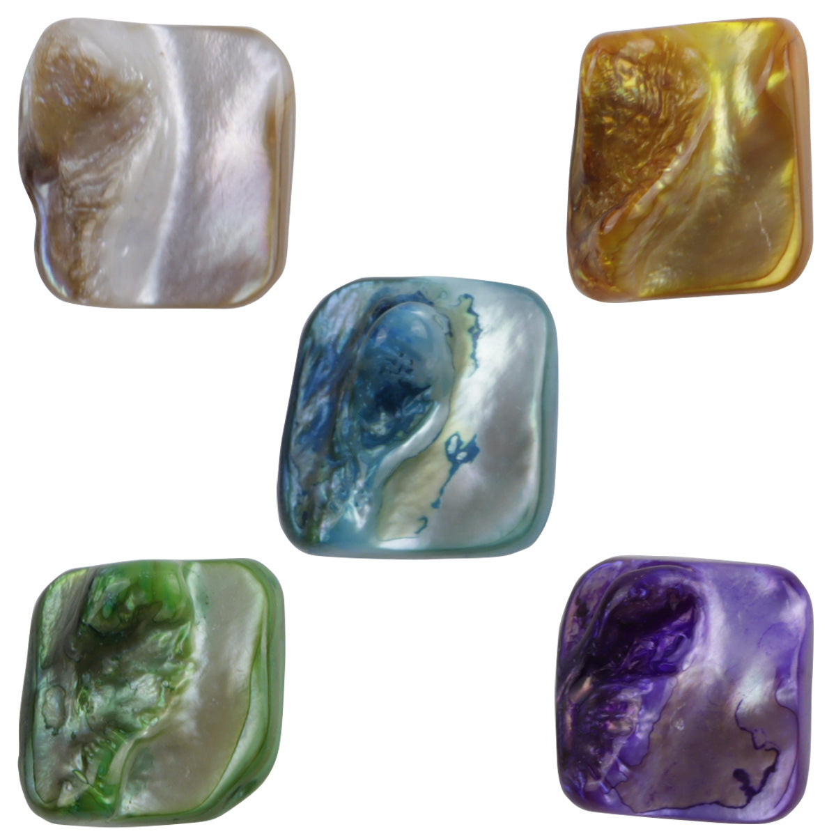 Square shell shank buttons set: natural, gold, green, blue, purple, 10 pcs