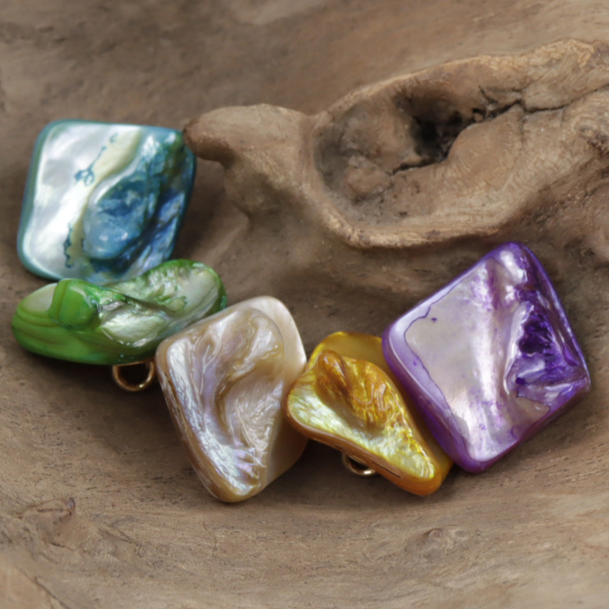 Square shell buttons with metal shanks: blue-green, green, natural, gold, purple
