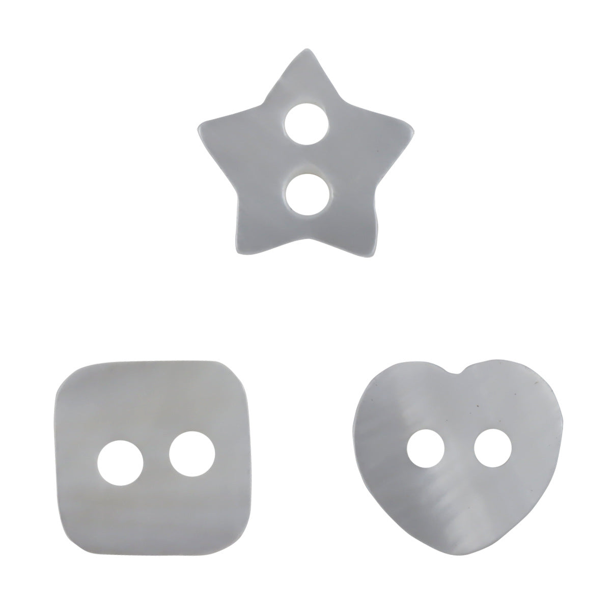 Natural shell buttons set: star, square and heart shapes with two holes each