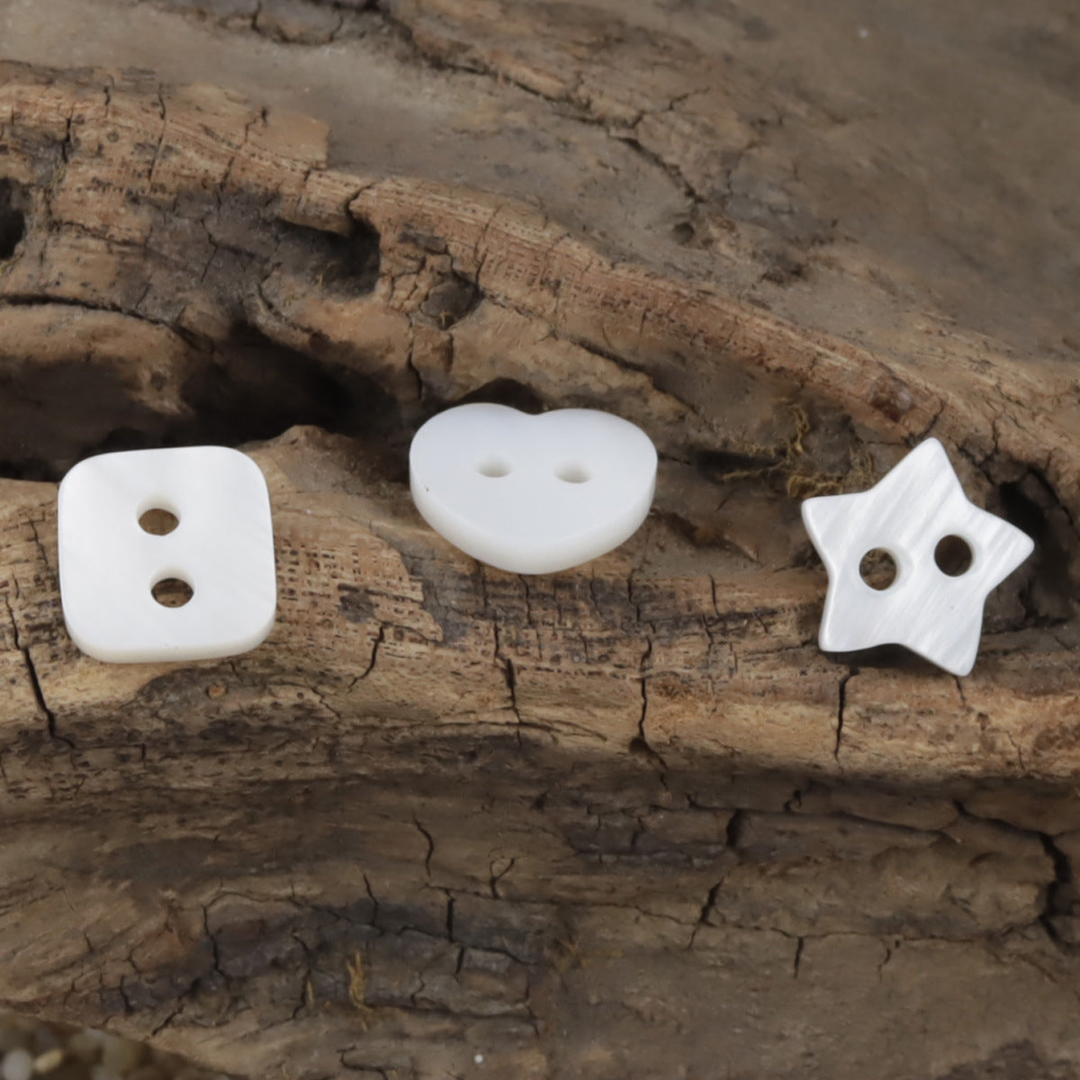 White natural shell buttons: square, heart and star shapes, two-hole design