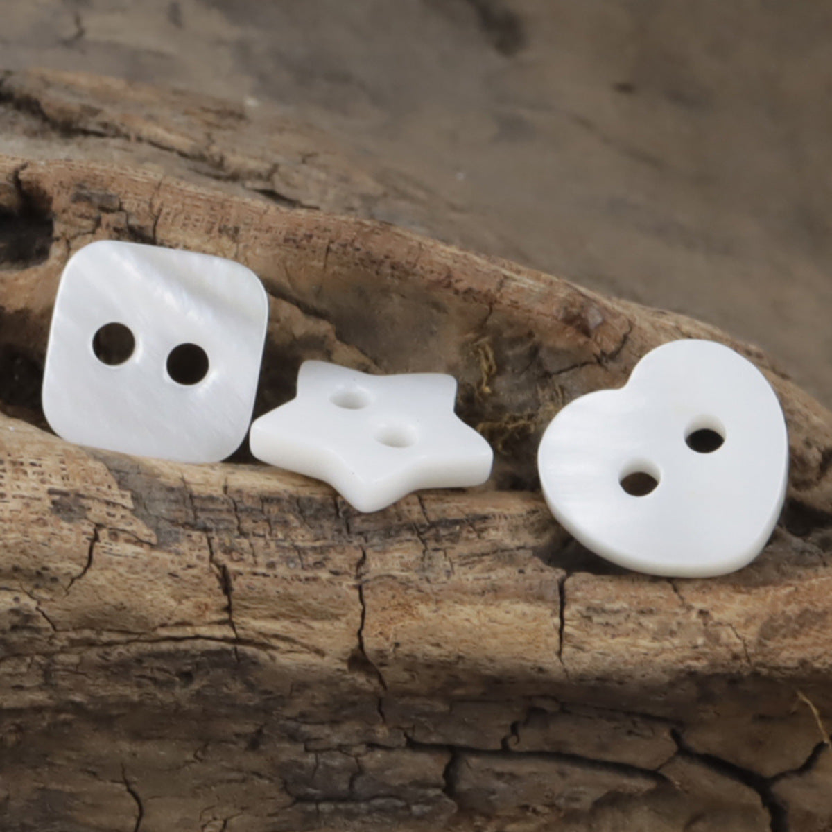 10pcs natural shell child buttons: square, star and heart, white, two holes