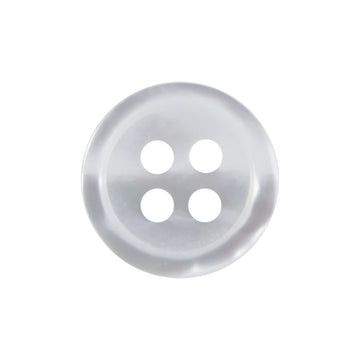 11.5mm round white shell button with four holes, slim rim (front)