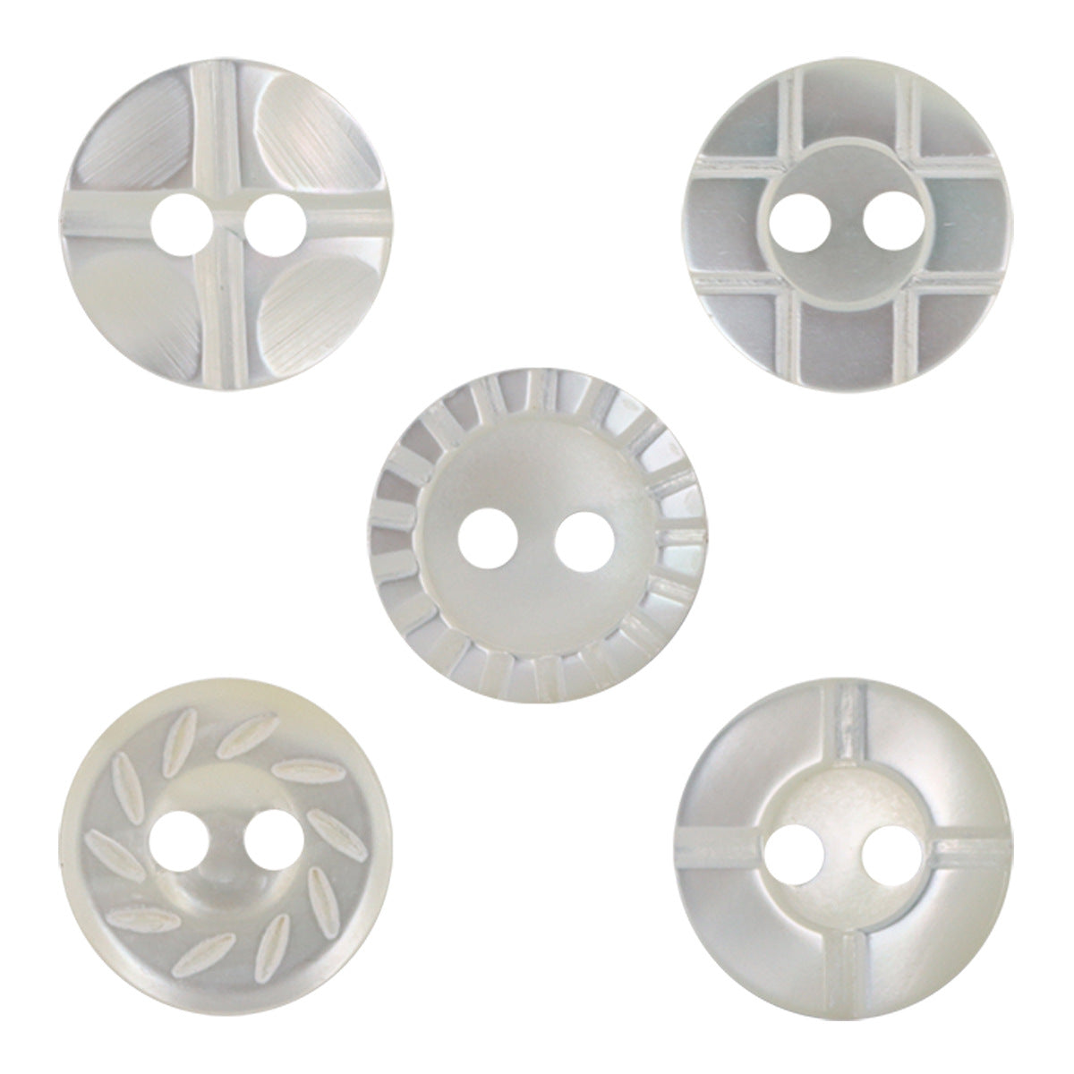 11.5mm natural shell buttons, round 2-hole, white with carved radial stripe details