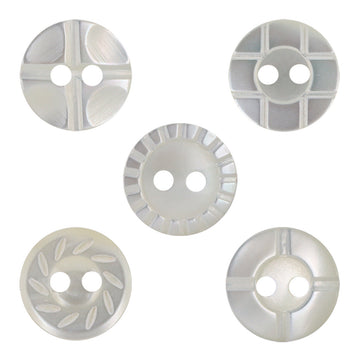 11.5mm natural shell buttons, round 2-hole, white with carved radial stripe details