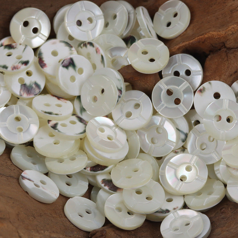 White natural shell buttons, round 2-hole, mixed textures with floral marbled speckles