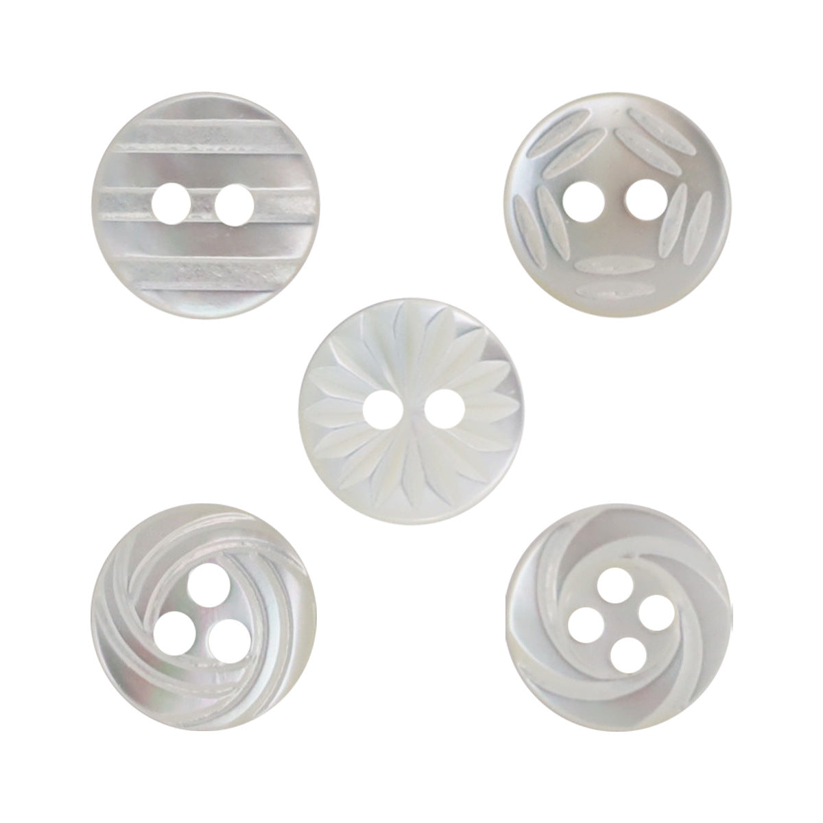 Round natural shell shirt buttons, 2- and 3-hole faces, 11.5mm