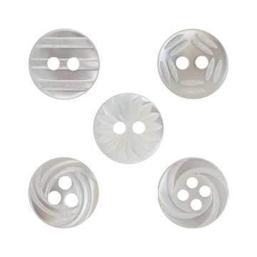 Round natural shell shirt buttons, 2- and 3-hole faces, 11.5mm