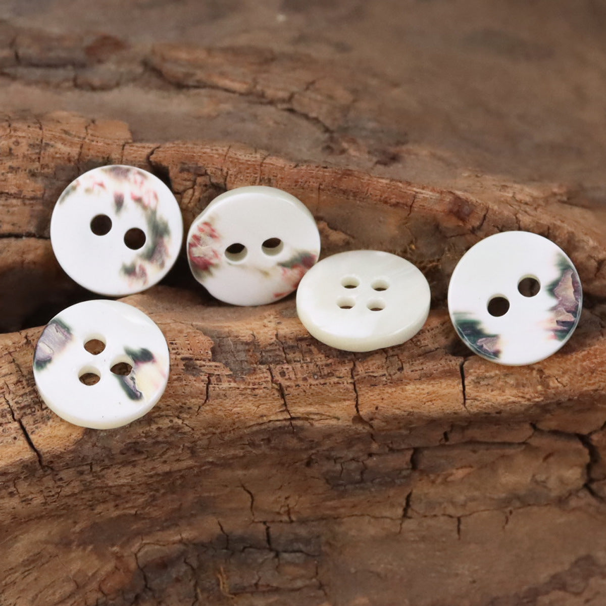 Natural shell-look shirt buttons with 2-hole and 3-hole faces, cream color
