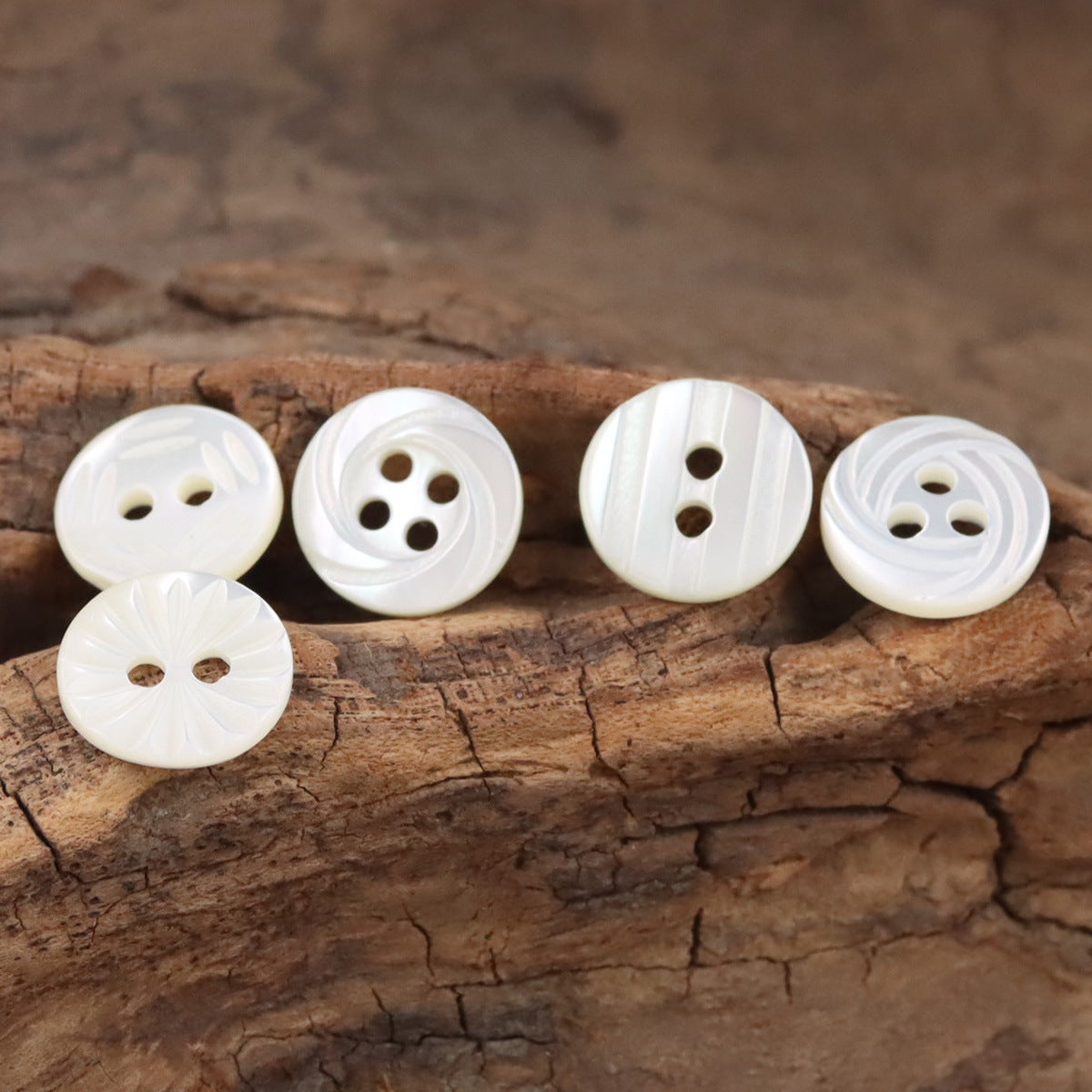 White natural shell buttons set showing 2-hole, 3-hole, and 4-hole designs