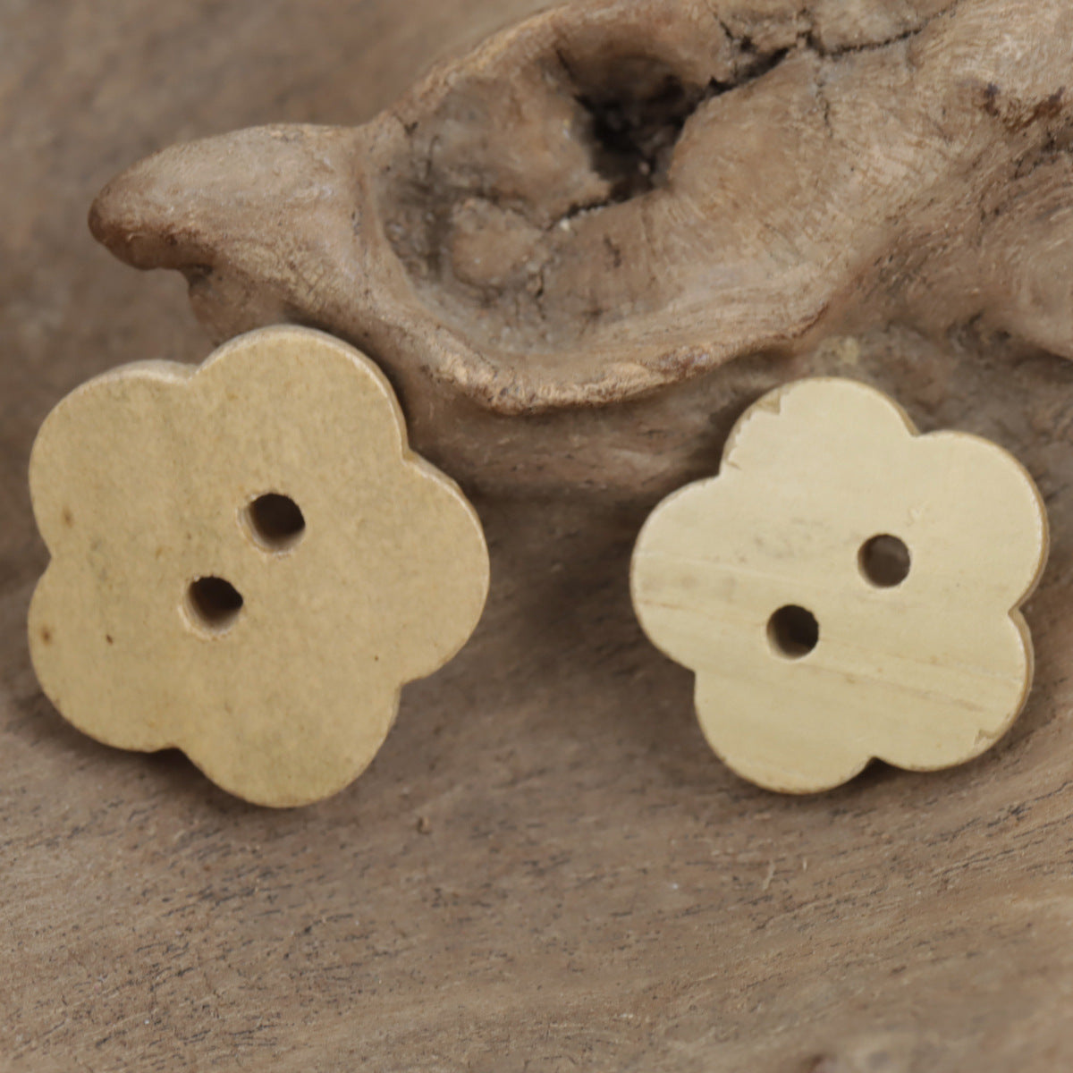 Flower bamboo buttons, natural and light wood tones, two-hole design (pair)