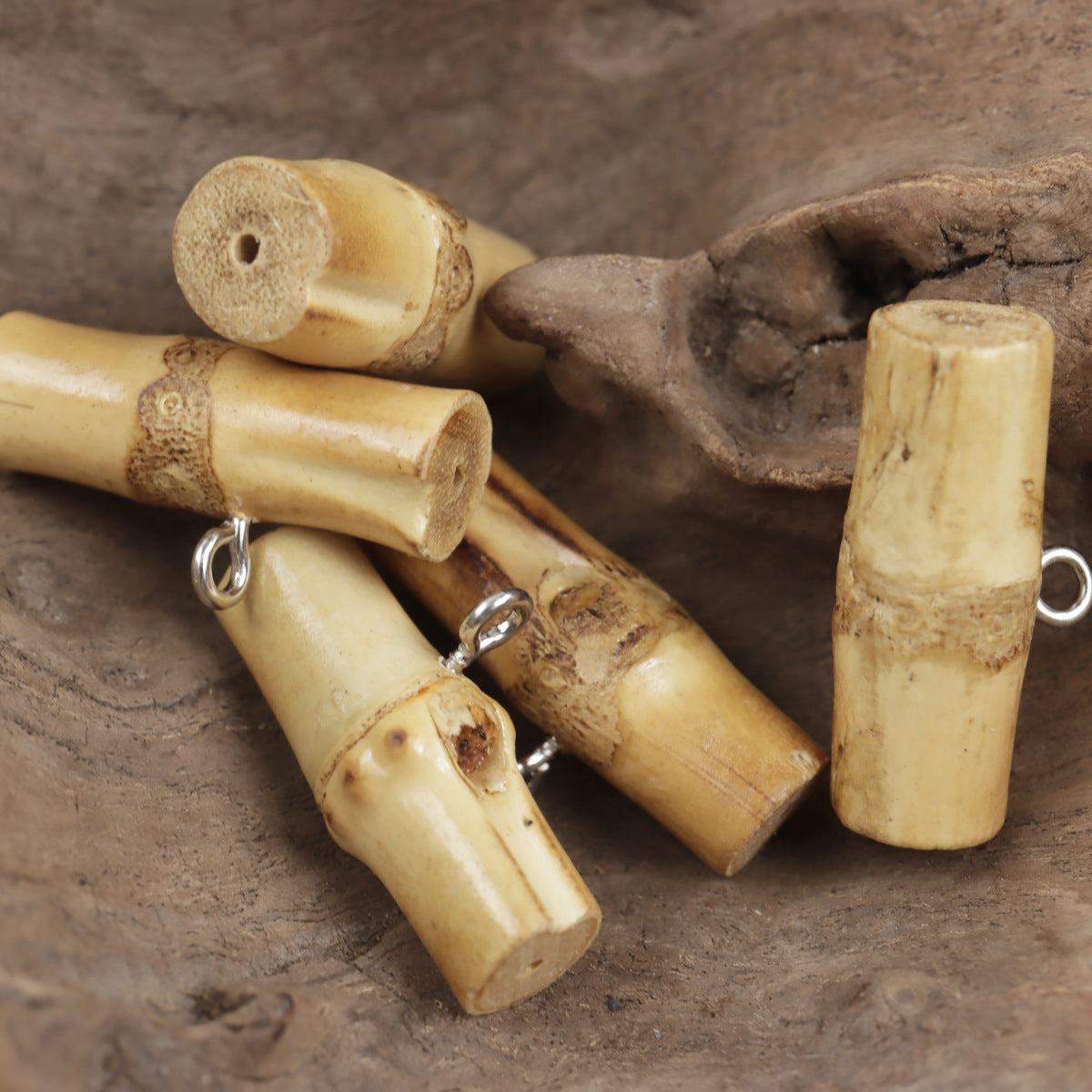 Natural bamboo knot metal buckles with silver rings on cylindrical pieces