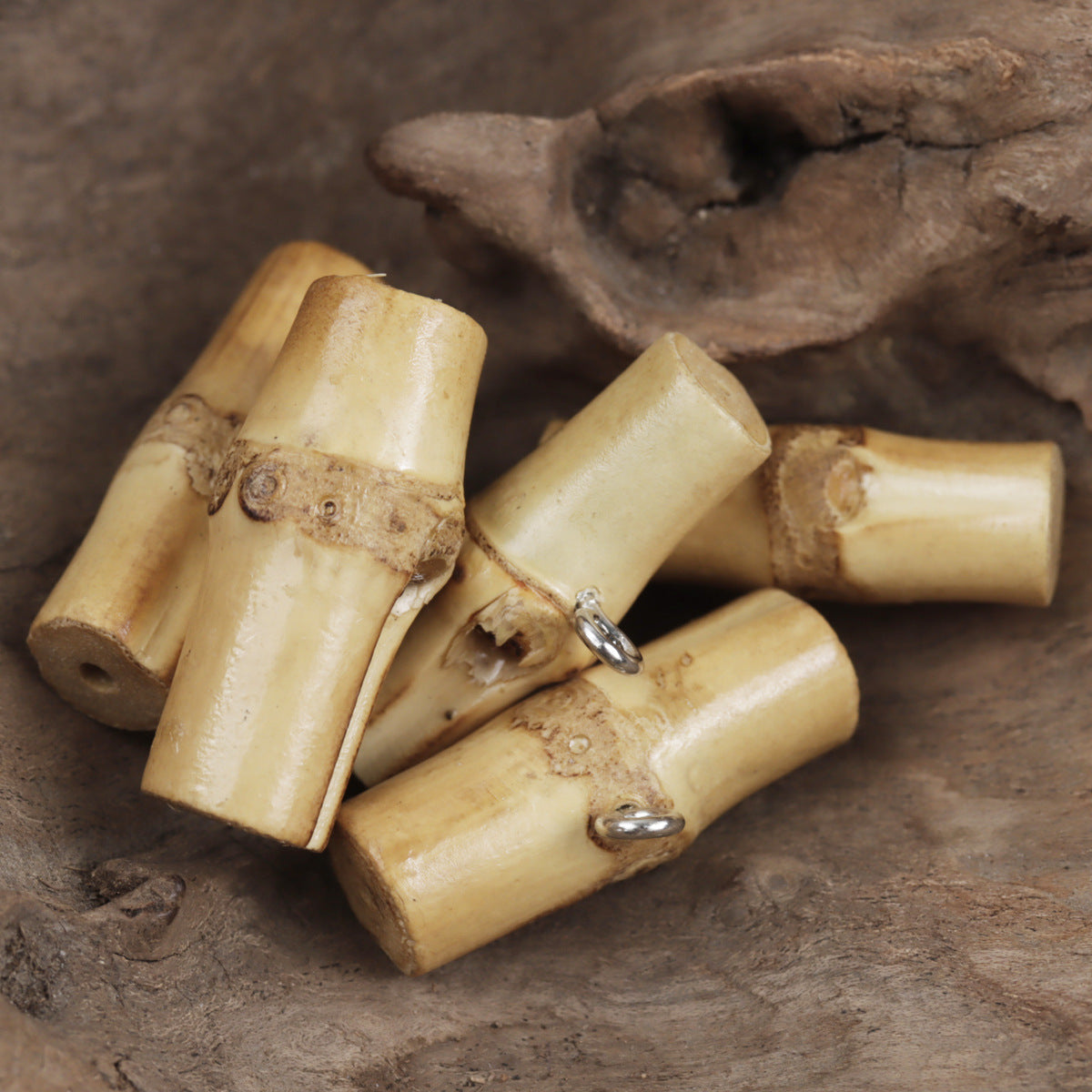 Bamboo knot buckle cylinders with silver loop rings, multiple pieces