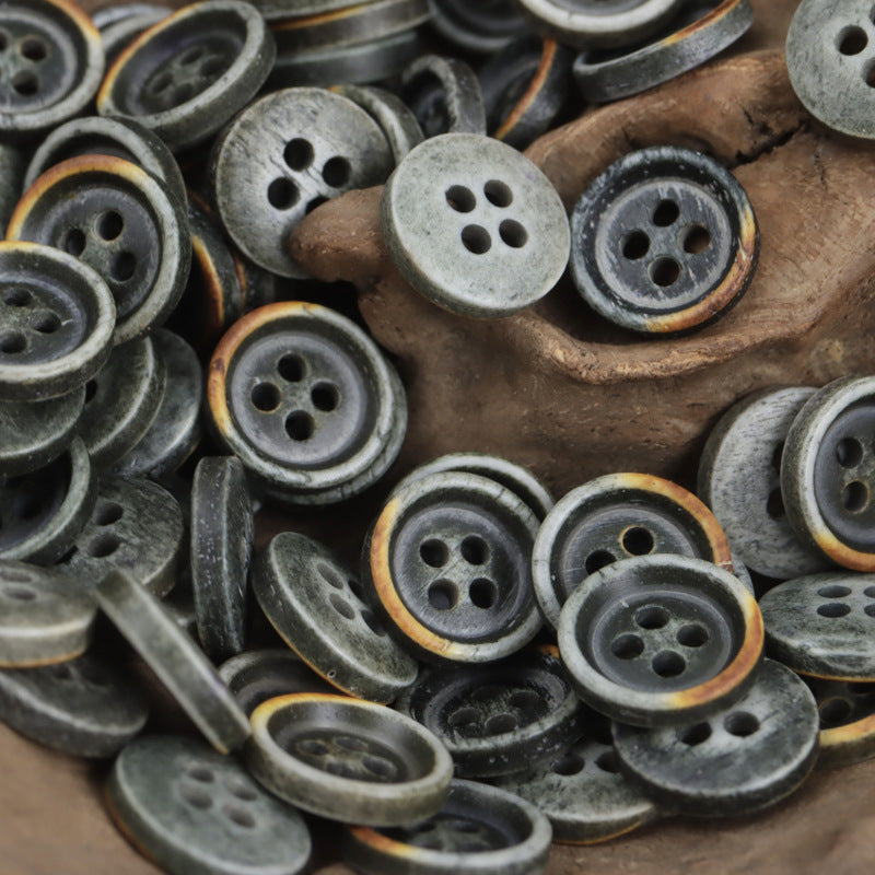 Assorted pack of 10 vintage denim shirt buttons, various washed gray and blue