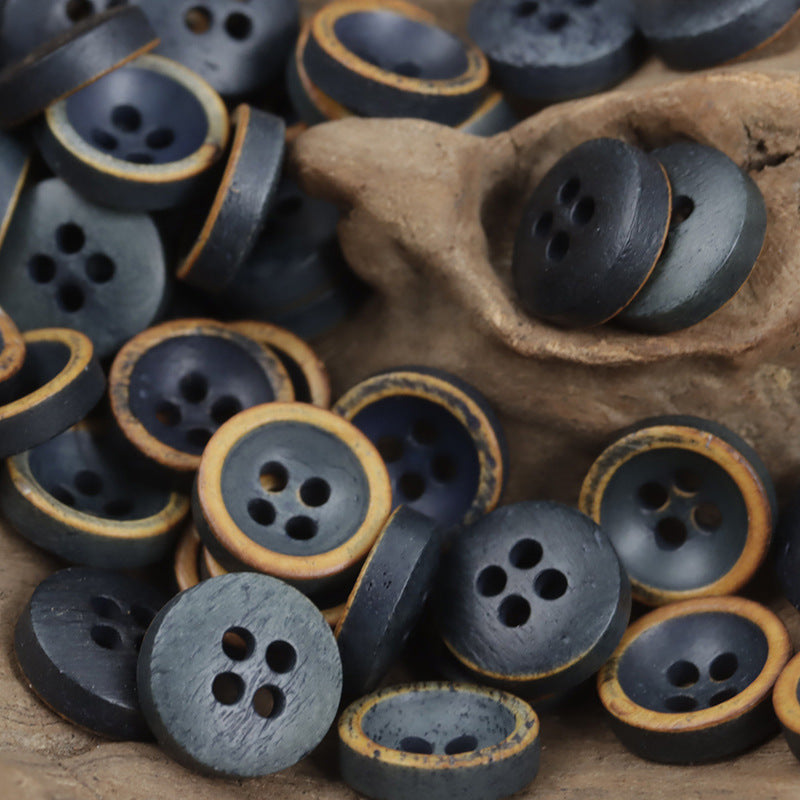 Mixed 4-hole buttons with tan-brown rims, dark blue and gray tones, bulk set