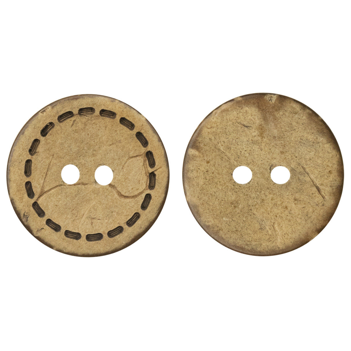 Round coconut shell button, two-hole, Style A, tan with dark dotted edge
