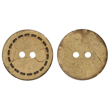 Round coconut shell button, two-hole, Style A, tan with dark dotted edge