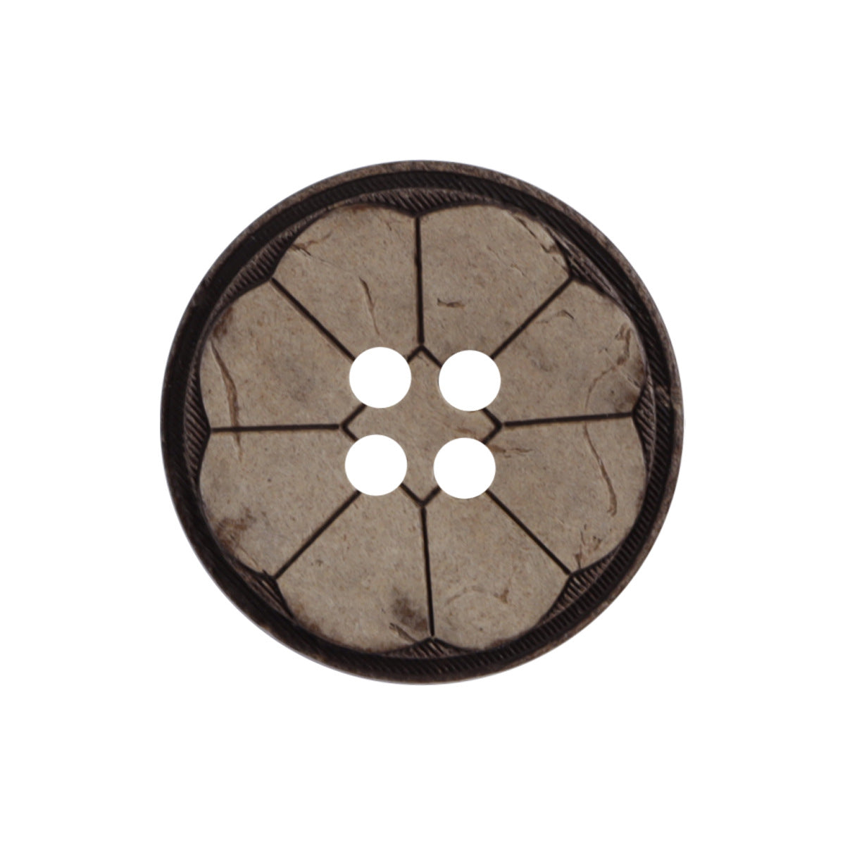 Natural coconut shell button, four-hole ethnic floral pattern, dark rim