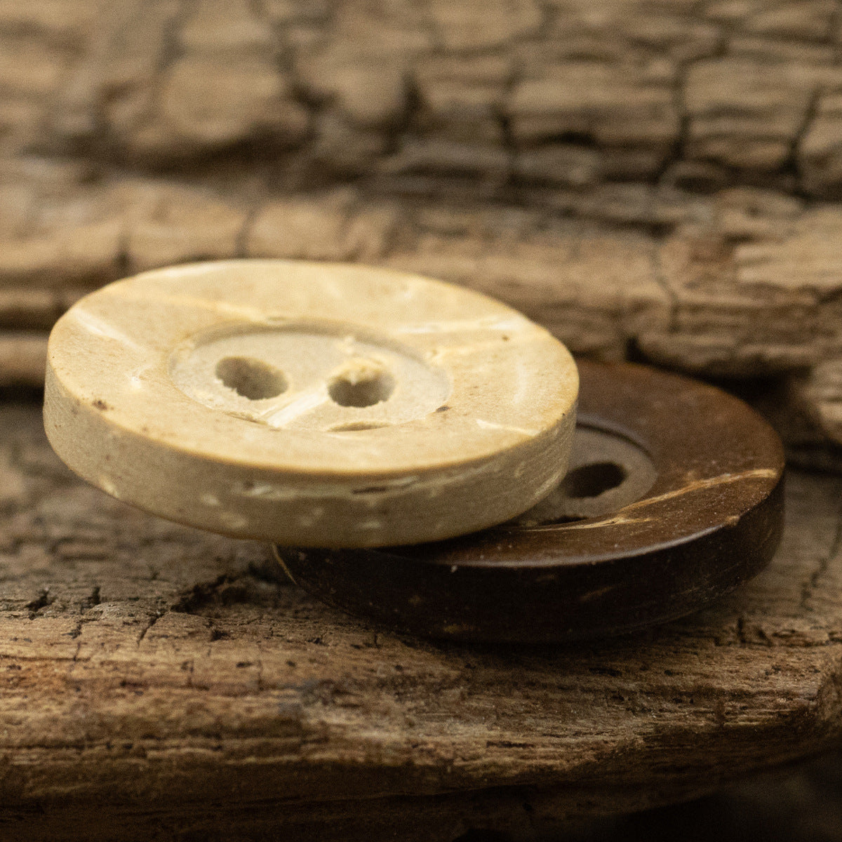 Round coconut shell buttons, khaki and brown, side view with 4 holes
