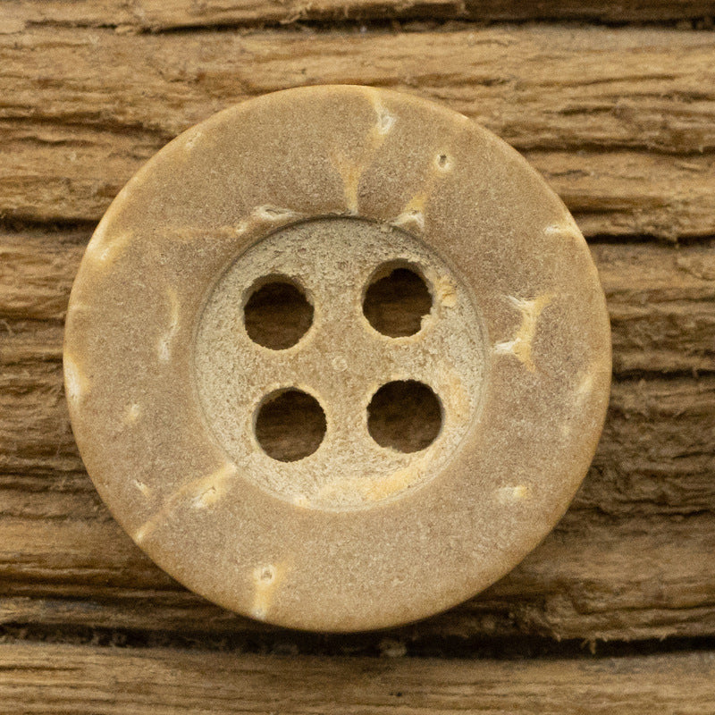 Round coconut shell button, khaki color, 4-hole front