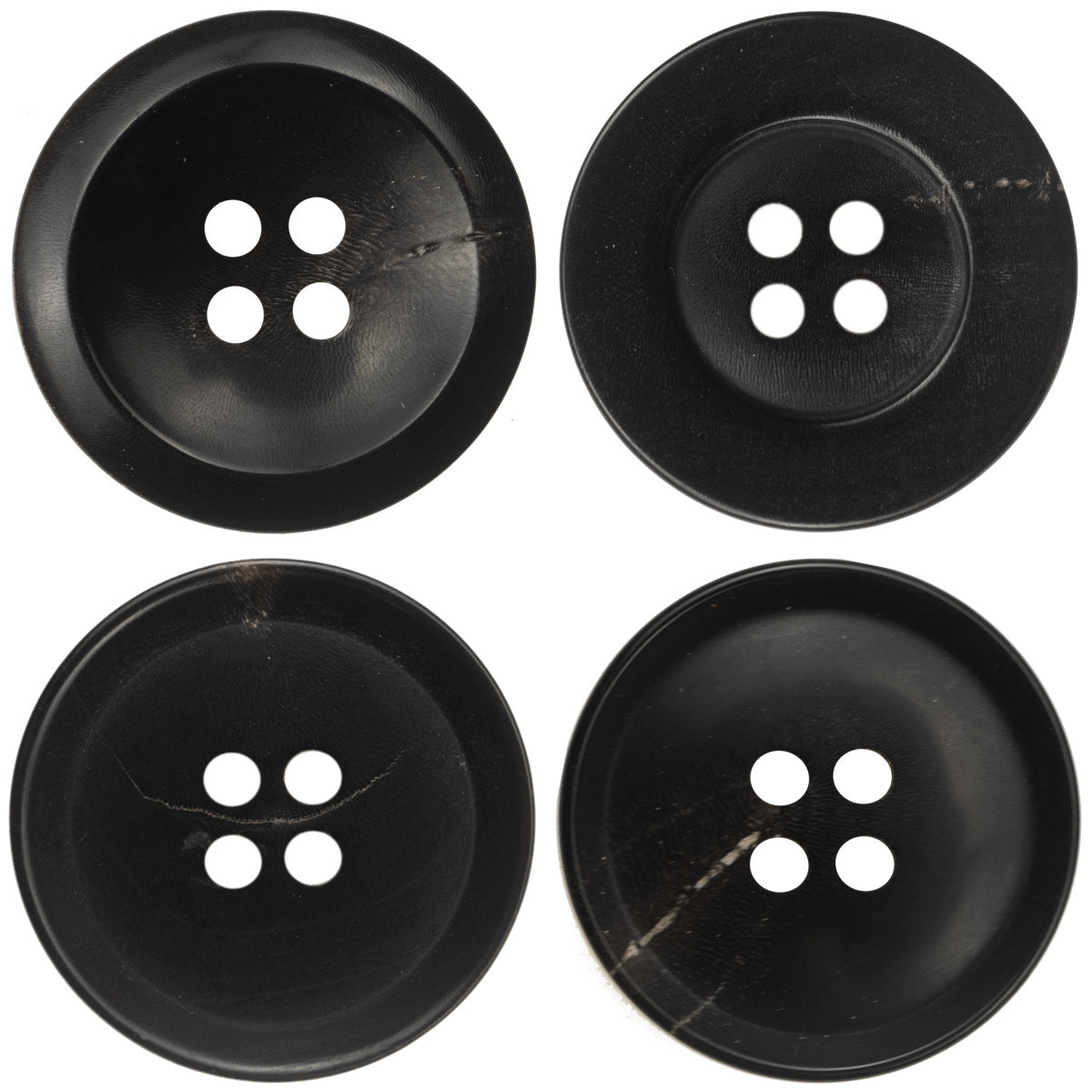 Black horn-style buttons, set of 10—round faces with four holes