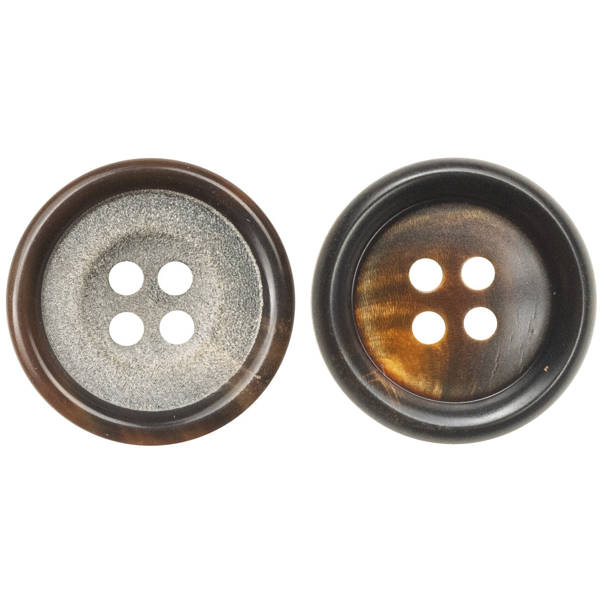 Hornknöpfe silberbraun & braun, rundes 4-Loch-Design, 2 Stück