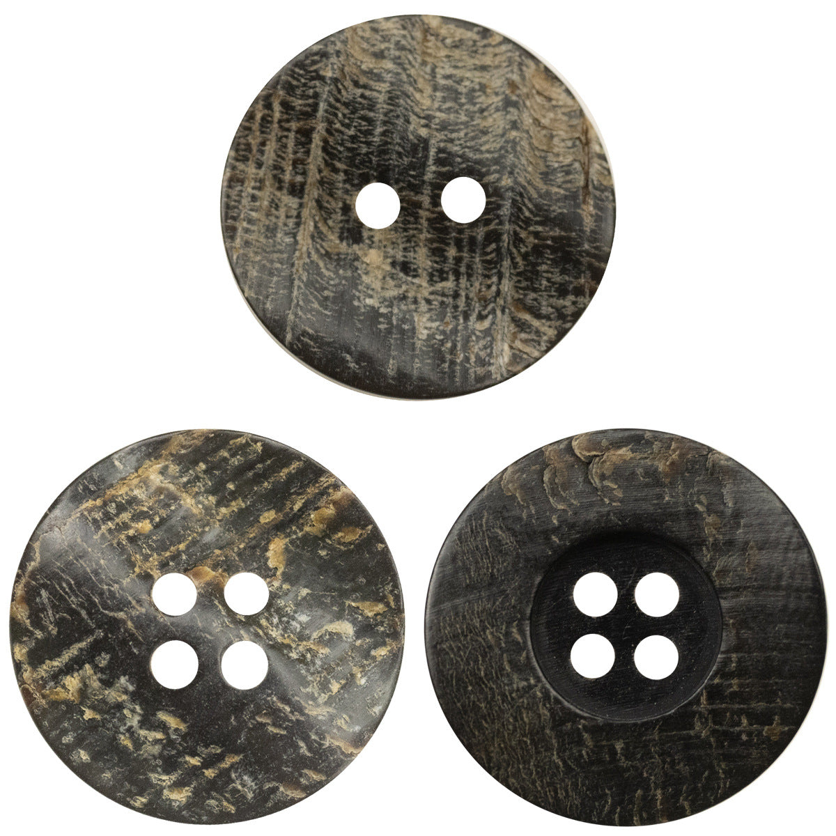 Black horn button set—rough texture, mixed 2-hole and 4-hole styles (10 pcs)