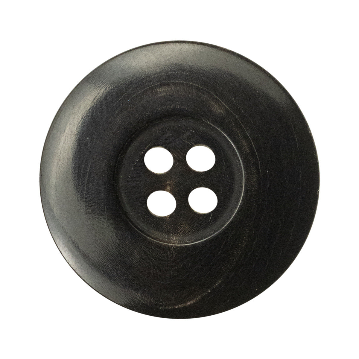 Large black horn coat buttons, 28mm, 4-hole front view (6-pack)