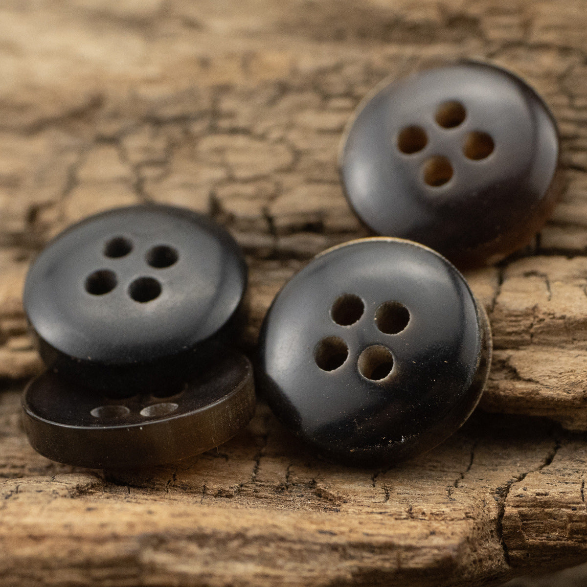 Dark 4-hole bowl shirt buttons, front view, 10 pcs