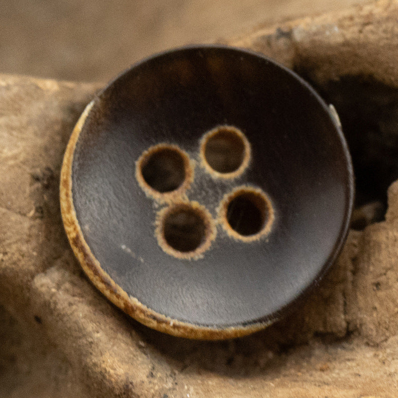 Burnt black 4-hole bowl shirt button, close-up front, 10 pcs