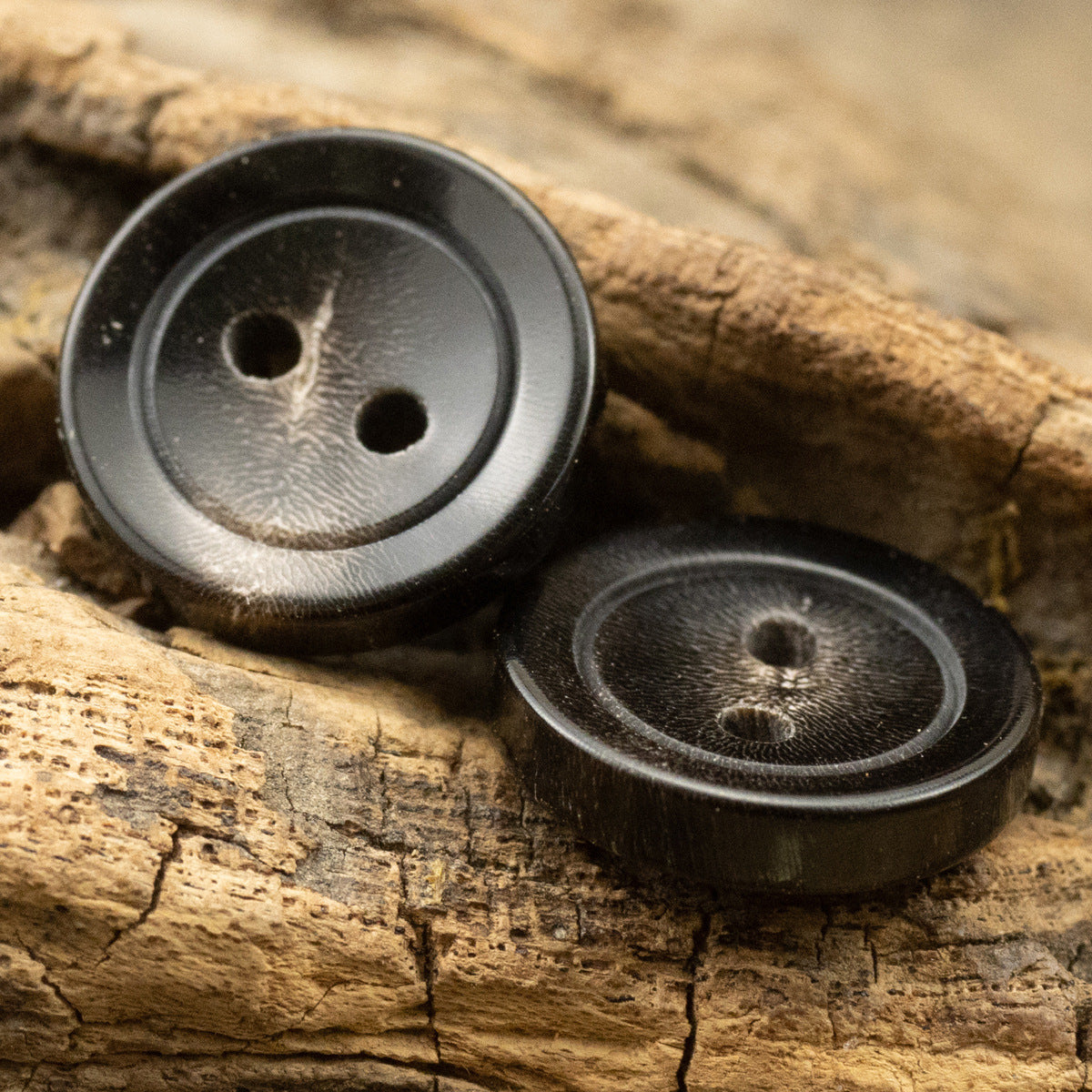 Set of black 2-hole horn buttons with bowl-shaped rim (10 pcs)