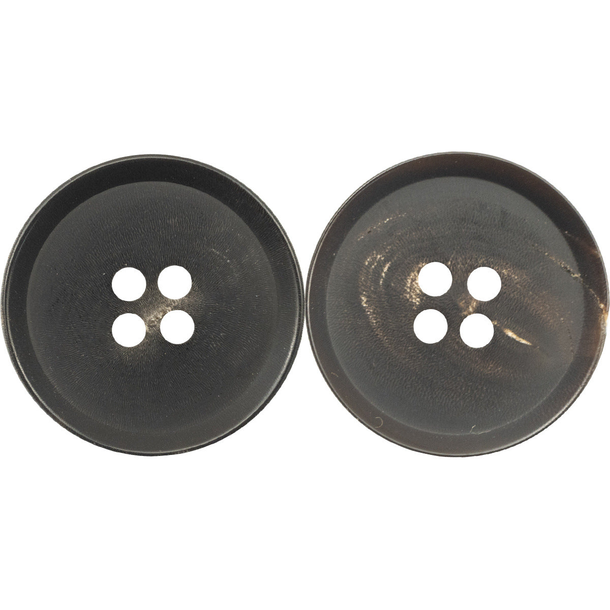 Matte vintage black horn button, 4-hole, 15–25mm, close-up front view