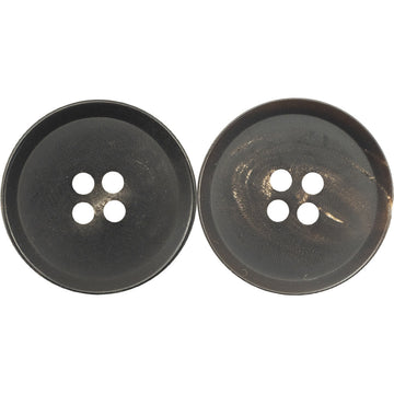 Matte vintage black horn button, 4-hole, 15–25mm, close-up front view