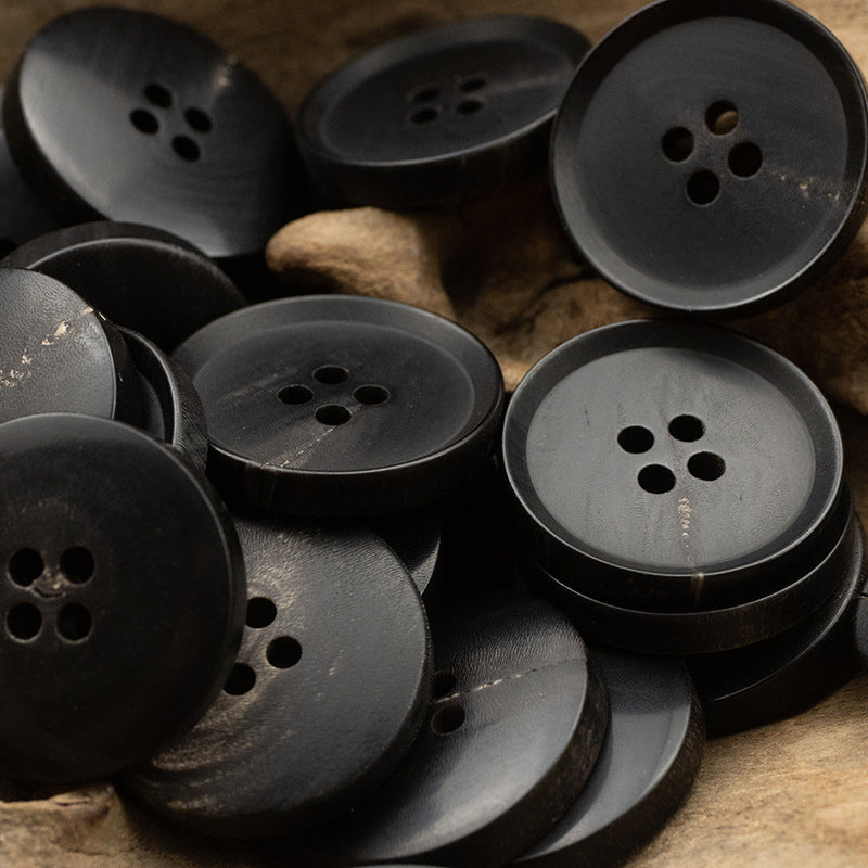 Matte vintage black horn buttons, 15–25mm, 4-hole, dark matte finish set of 6