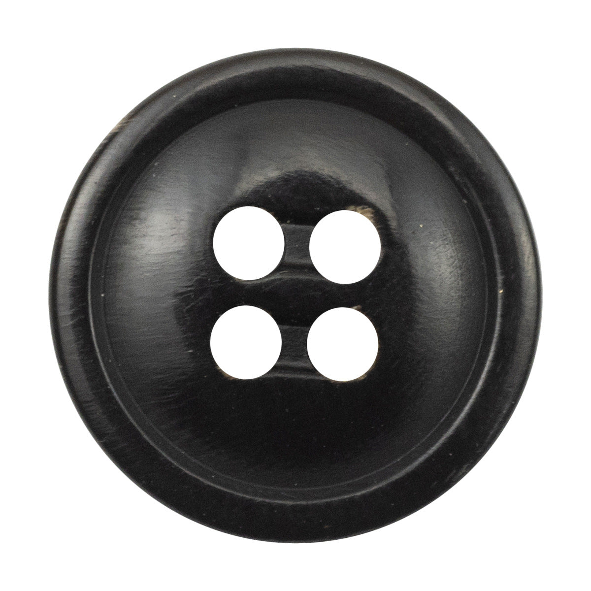 Natural black horn button, four holes, round, 10–12.5mm