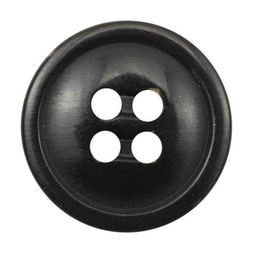 Natural black horn button, four holes, round, 10–12.5mm