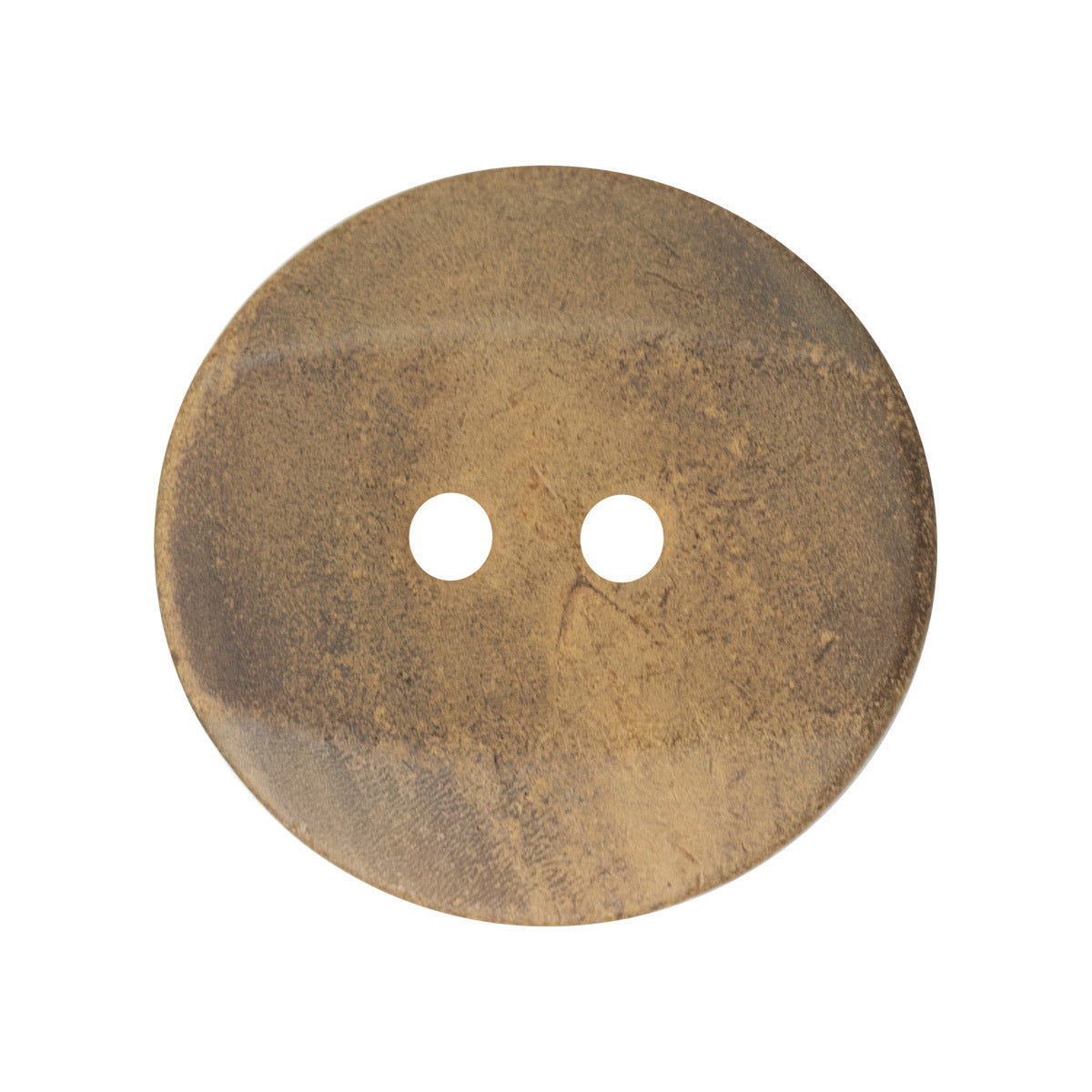 Vintage beveled 2-hole burned horn button, round, tan/brown with worn texture.