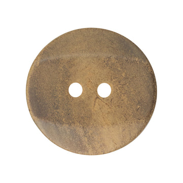 Vintage beveled 2-hole burned horn button, round, tan/brown with worn texture.
