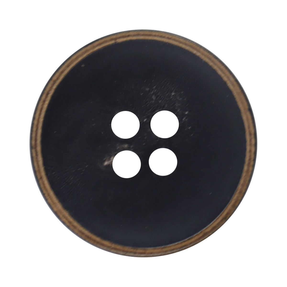 Horn bowl button, four-hole, dark finish with gold rim, close-up view