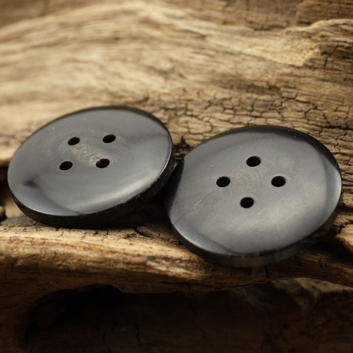 Two black horn buttons, smooth matte finish, 4-hole design