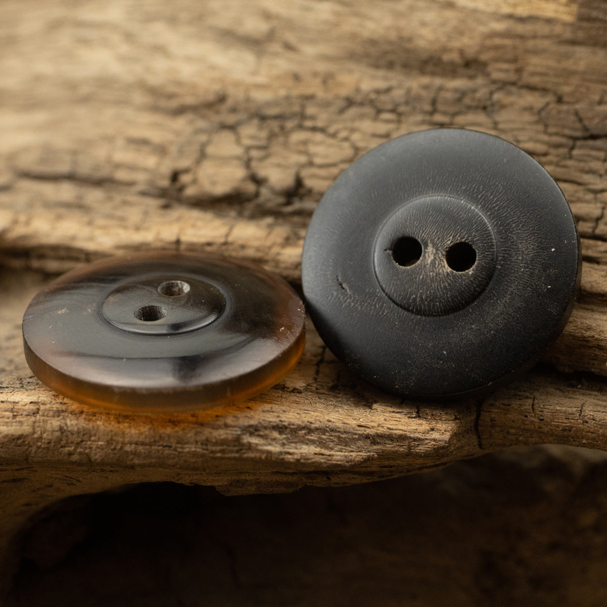 Coffee and black two-hole horn buttons, front view