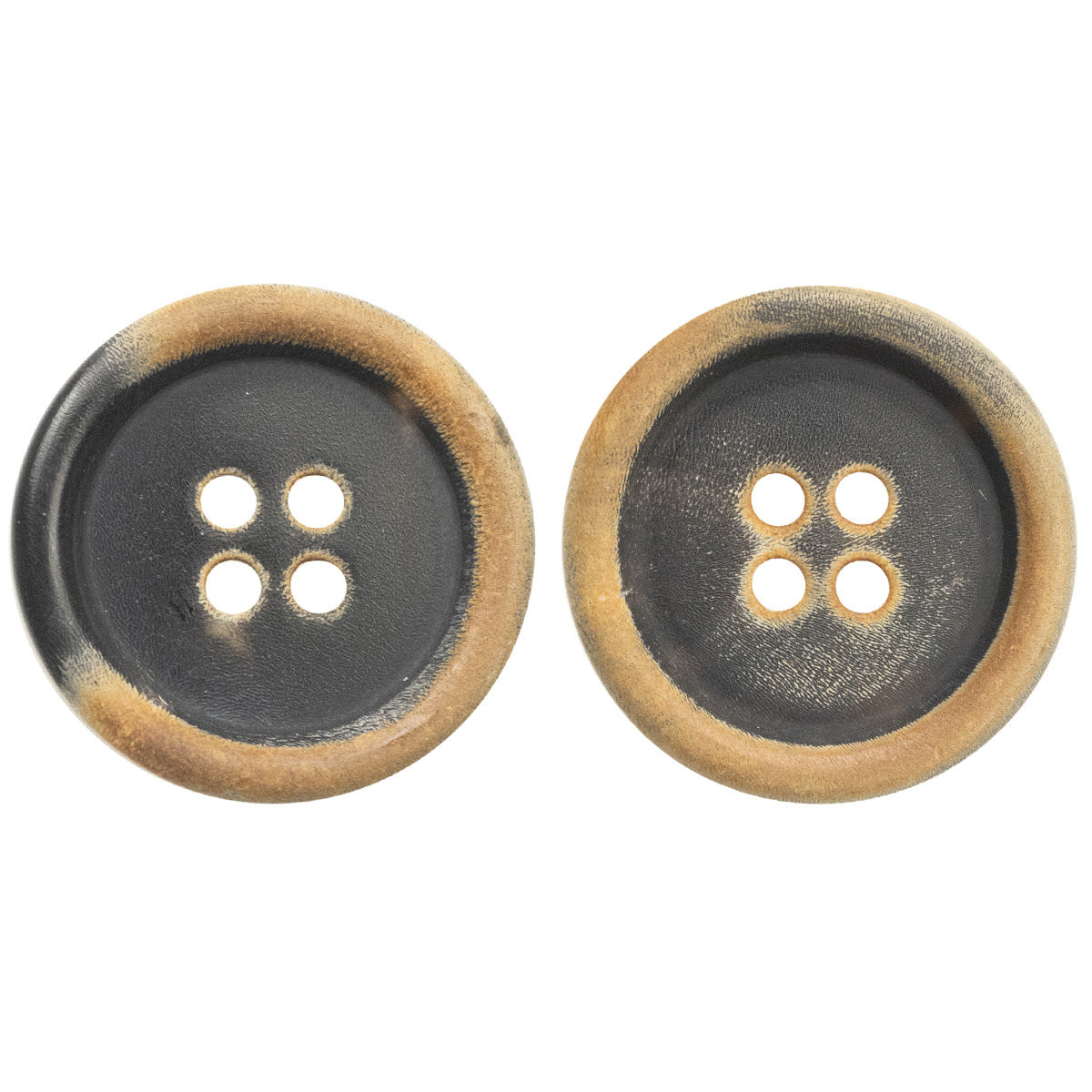 Black horn button with cross-shaped 4-hole design and light burnt rim